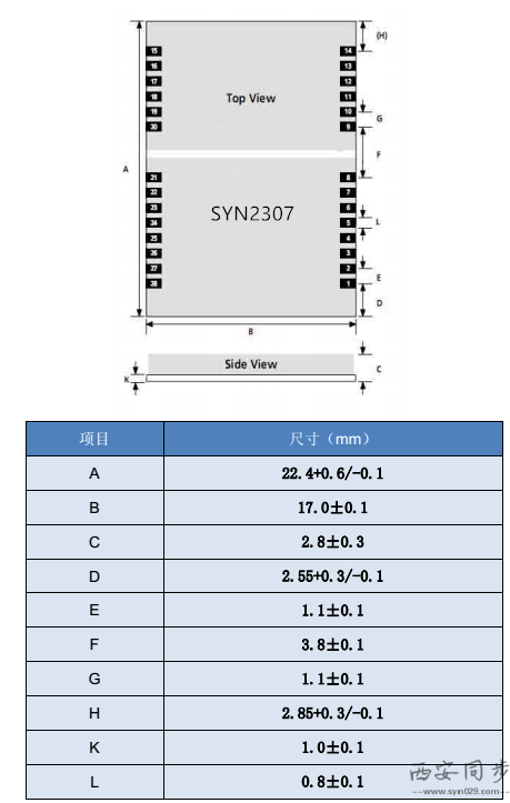 SYN2307型GPS北斗双模授时模块尺寸图 SYN2307型GPS北斗双模授时模块尺寸图